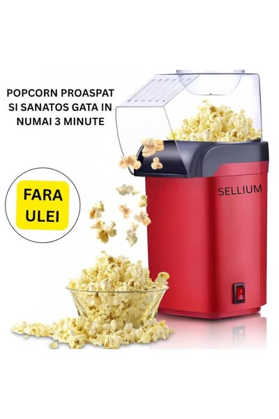 SELLIUM Hot-Air Popcorn Maker, Oil-Free, Butter Tray, 1200W, Red
