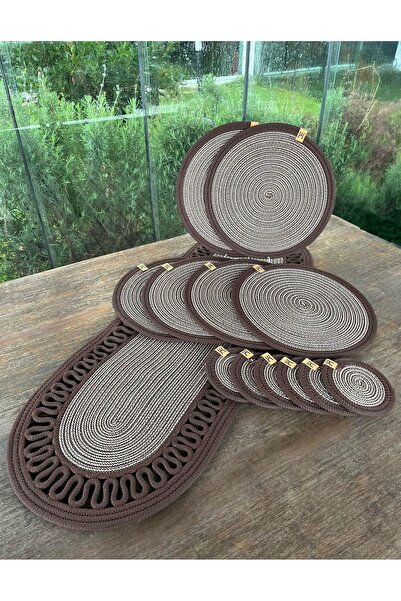 home inn 13-Piece Stain-Resistant Polypropylene Braided Model American Dinner Set – 6 Plates, 6 Coasters, 1 Runner