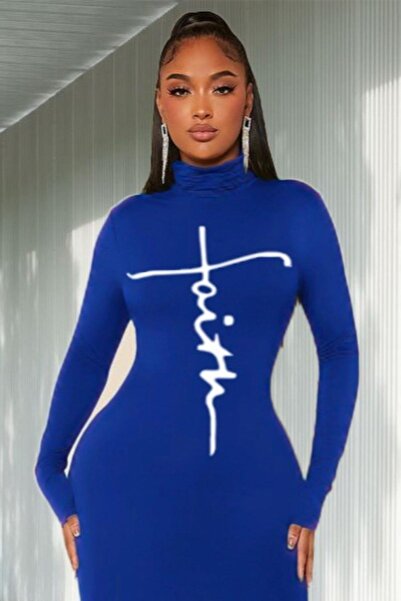 Mossta Long Sleeve High Neck Print Detail Full Length Viscose Dress Blue