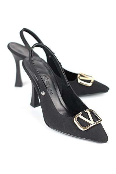 Gökhan Talay Melina Flexible Soft Non-Slip Sole (10 cm) Black Suede Open Elastic V Buckle Women's Heel