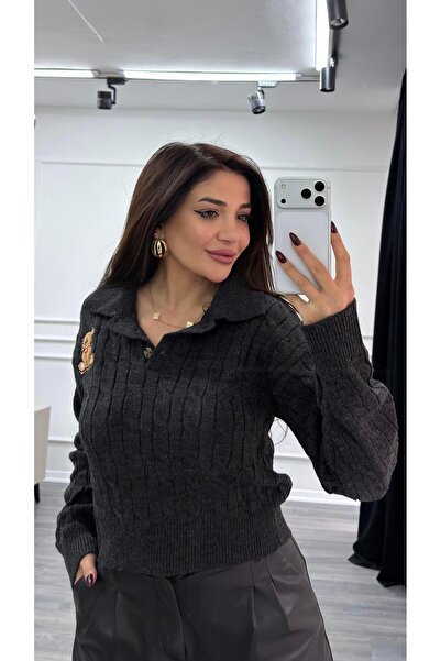 Daves Anthracite Teddy Bear Embroidered Patterned Knitwear Sweater Beige