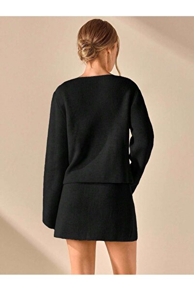 Puella Tkm0006 Women's Black Buttoned Cardigan-Mini Skirt Knitwear Bottom Top Set