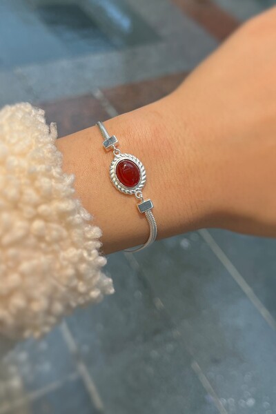 Erer Gümüş Gümüş akik taşlı yassı zincirli bileklik