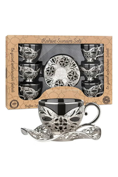 ACAR Luxury Turkish Coffee Set of 6 Cups with Holders and Saucers in Black & Silver – Made in Turkey