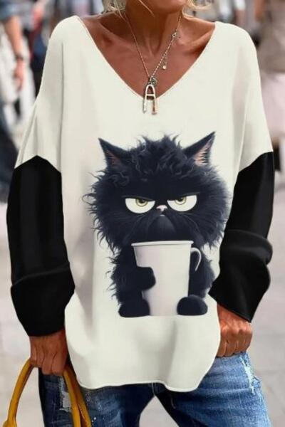 Mossta V-neck cat Printed Fleece-Lined white diving blouse