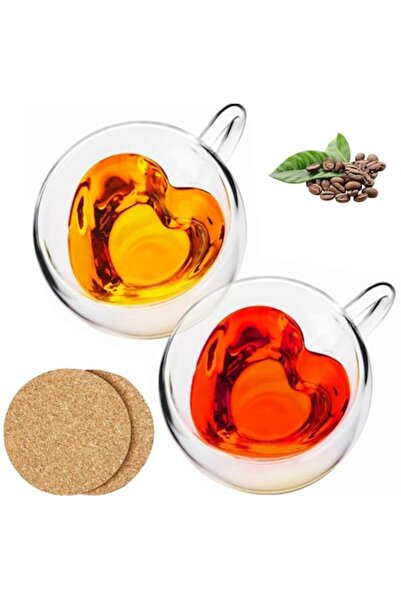 GABOS Set of 2 Heart-Shaped Double-Walled Glass Mugs with Handle, 240 ml, Transparent
