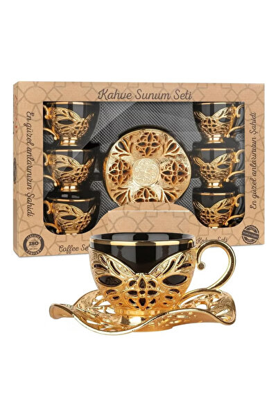 ACAR Luxury Turkish Coffee Set of 6 Cups with Holders and Saucers in Black & Gold – Made in Turkey