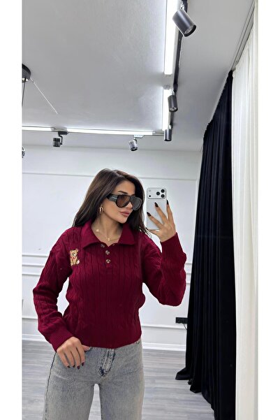 Daves Burgundy Teddy Bear Embroidered Patterned Knitwear Sweater Beige