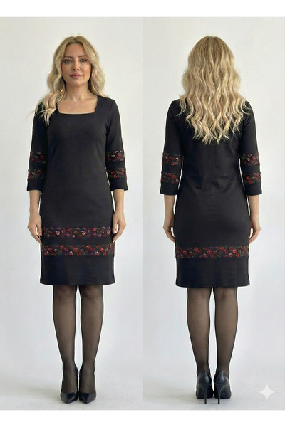 My-o Square Neck Flannel Detail Two Thread Fabric Dress