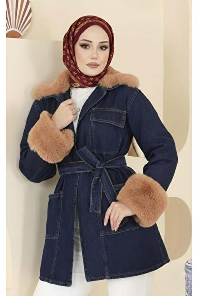 Hb Harma Time Butik Women's Fur Detailed Belted Pocketed Dark Denim Blue Jacket
