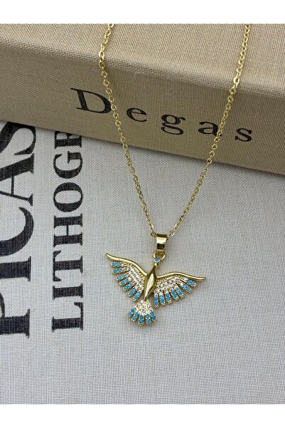 Hedef Bijuteri Steel Gold Color Zircon Stone Blue Phoenix, Bird Model Necklace