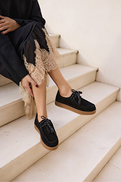 ANGELİNA JONES Lemari̇o Women's Black Suede Lace-Up Detail Rubber Sole Loafer