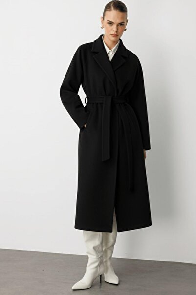 Mizalle Klasik Uzun Yünlü Siyah Kaşe Kaban