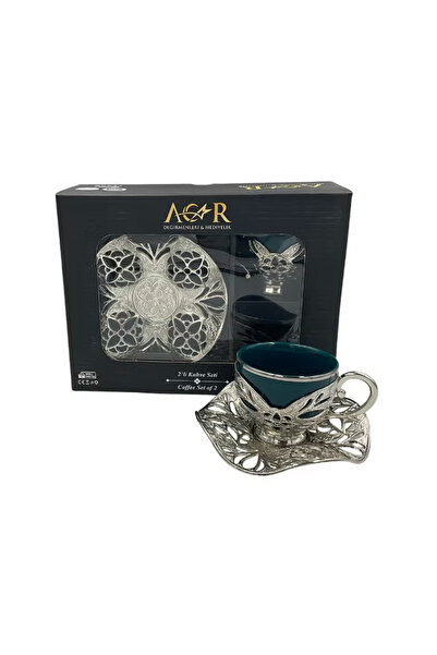 ACAR Luxury Turkish Coffee Set of 2 Cups with Holders and Saucers in Green & Silver – Made in Turkey