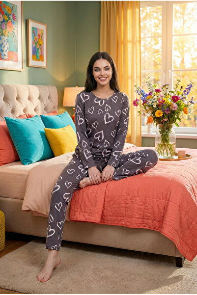 Arvin Pijama Women's Gray Heart Printed Soft Textured Long Sleeve Knitted Pajamas Set