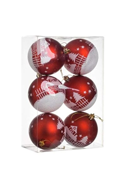 AB HOMES Set of 6 Christmas Baubles, Red with Snowy Cottages and Glitter, Ø8 cm
