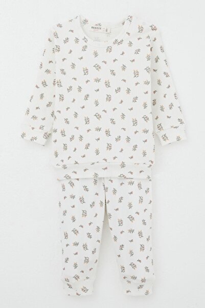 Breeze Baby Girl Pajama Set with Patch on Shoulder, Floral Patterned, 4 Months-1 Year Old, Ecru