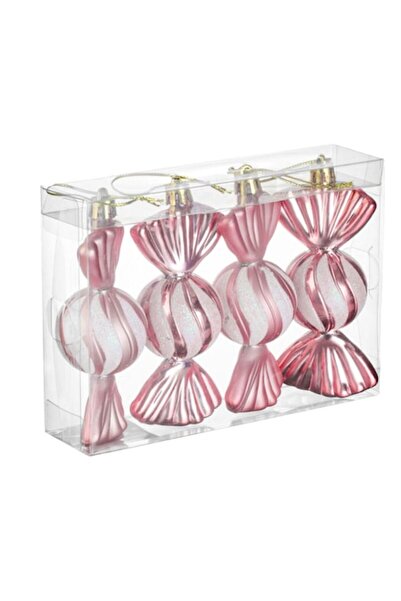 OEM Christmas Tree Candy Ornaments Set, 12cm, Shiny & Matte Pink with White Stripes, 4 pcs