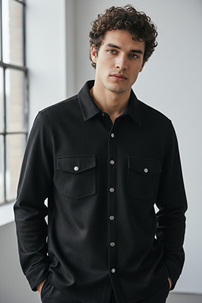 THE WOOW Men's Nubuck/Suede Regular Double Pocket Snap Fastener Black Shirt J...