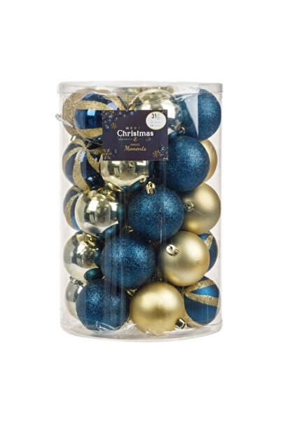 AB HOMES Christmas Bauble Set, Blue and Gold, Matte-Glossy-Glitter, Ø 7 cm, 31 Pieces