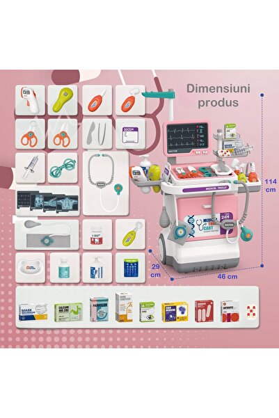 indiggo Set Medical Joaca MiniMed Hub Max Carucior 32 Piese Sunete Lumini Monitor Stetoscop Accesorii Pink