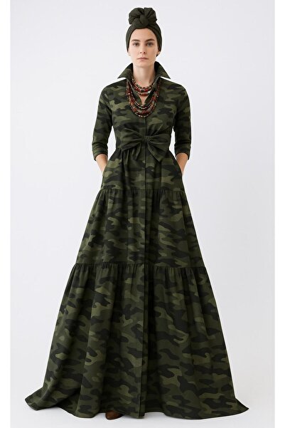 ALYEL NAKER Kuşaklı & Fırfır Detaylı Maxi Boy Poplin Şık Gömlek Elbise