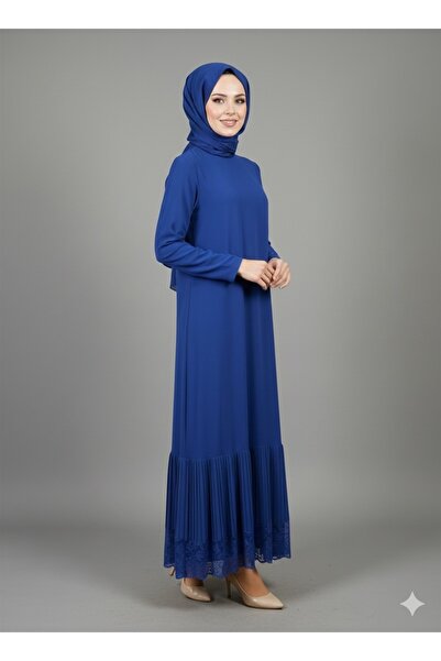 Kırmızı iz Tesettür Elbise Krep Elbise Etek Ucu Dantelli Elbise