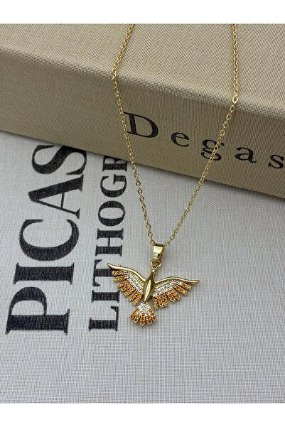 Hedef Bijuteri Steel Gold Color Zircon Stone Orange Phoenix, Bird Model Necklace
