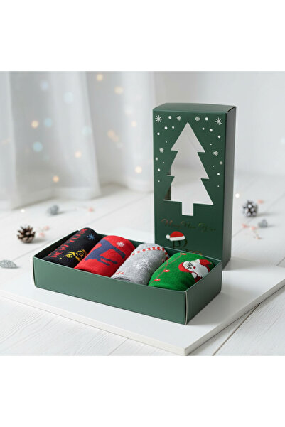 PRO Hediye Kutulu I 4'lü Yılbaşı Desenli Bay- / Unisex Havlu Çorap Seti