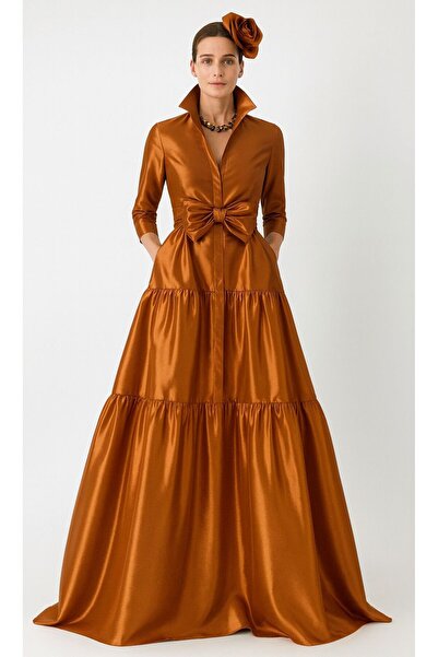 ALYEL NAKER Maxi Taffeta Stylish Shirt Dress with Belt & Ruffle Detail