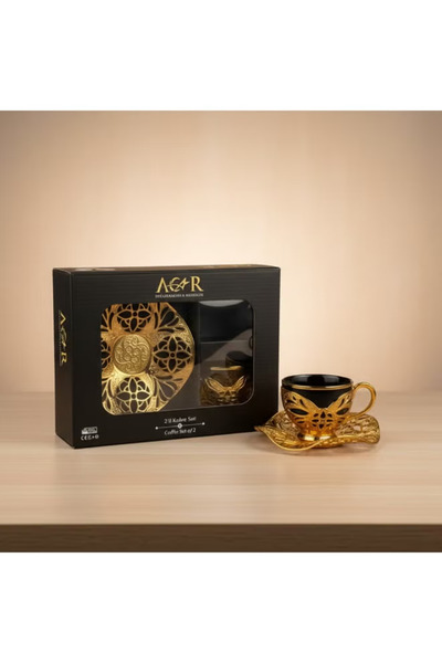 ACAR Luxury Turkish Coffee Set of 2 Cups with Holders and Saucers in Black & Gold – Made in Turkey
