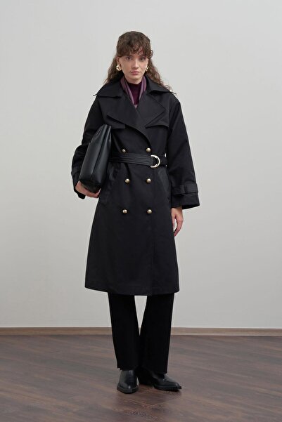 ALLDAY Μαύρο- διπλό πέτο Μακρύ παλτό με κορδόνια