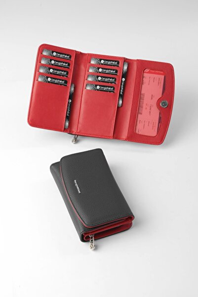 CENGİZ PAKEL Medium Size Magnetic Women's Wallet/Portfolio – 65302 - Black/Red