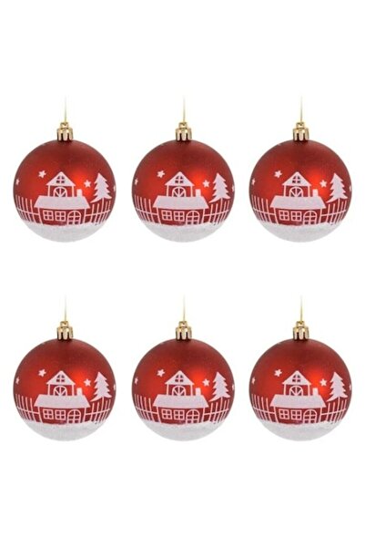 AB HOMES Set of 6 Christmas Baubles, Red with Snowy Cottages and Glitter, Ø8 cm