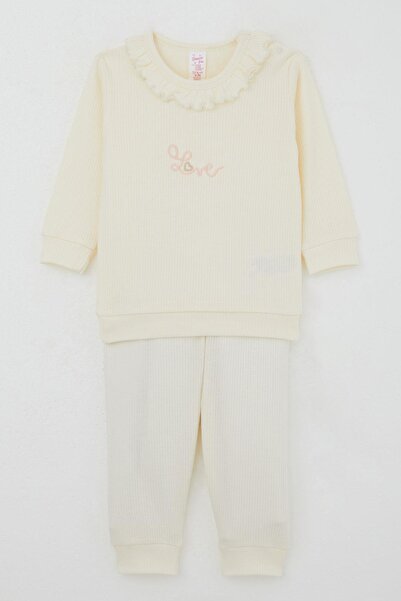 Breeze Baby Girl Pajama Set with Shoulder Pads, Ruffled Collar, Letter Embroidery, 4 Months-1 Year Old, Cream
