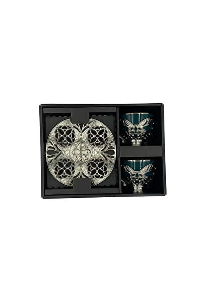 ACAR Luxury Turkish Coffee Set of 2 Cups with Holders and Saucers in Green & Silver – Made in Turkey