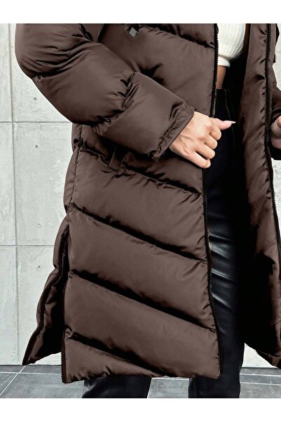 BLUSS Women's Hooded Long Fiber Filled Puffer Coat – Waterproof Winter Oversized Brown Jessica