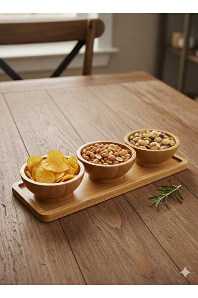 MİR 3'lü Bambu Servis Kasesi ve Özel Sunum Tepsisi Seti - Çerezlik, Sosluk, K...