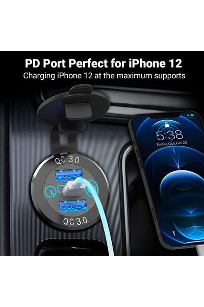 ELECDON Car Charger Socket 12V/24V Triple USB Outlet PD 3.0 & QC3.0 Aluminum with Touch Power Switch