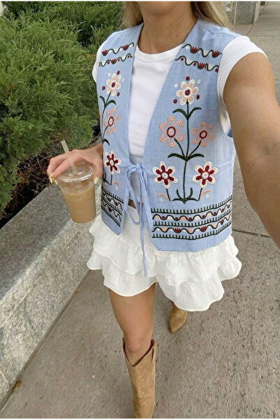 FEMELLE Жіночий синій бавовняний жилет з вишивкою та зав'язками на грудях