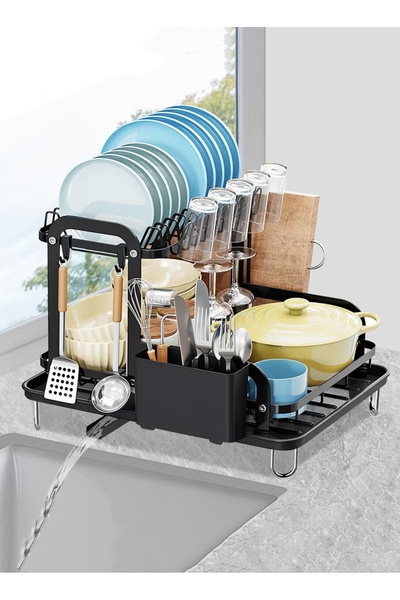Generic Dish Drying Rack 2-Tier Dish Drainers Strainer with Drainboard Utensil Holder Space Saving Rustproof
