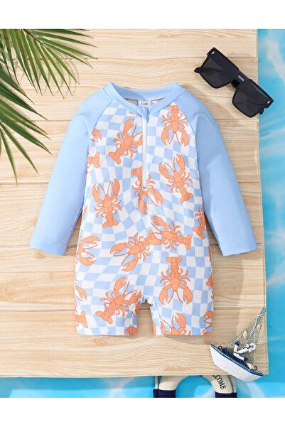 MODA Mavi Istakoz Desenli Uzun Kollu Tulum Mayo – Fermuarlı, Rahat ve Esnek B...