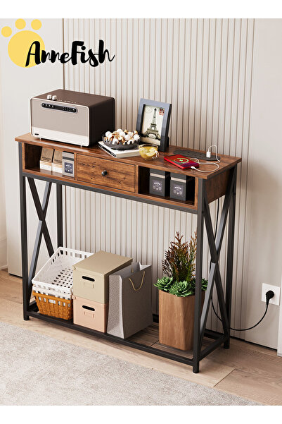 AnneFish 120*30*90cm Console Table with Power Outlet Sofa Table with Storage Shelf and Entryway Table