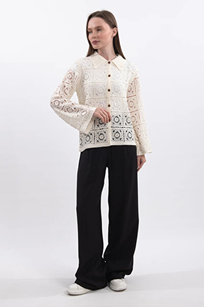 Hatun Atila Women's White Shirt Collar Lace-Like Knit Süzene Shirt 5120