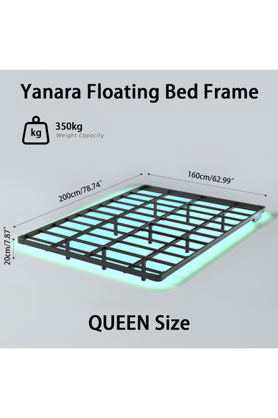Yanara سرير ذكي عائم مزود بإضاءة LED ومحطة شحن، ومنصة معدنية (160×200 سم)، بدون زنبرك صندوقي