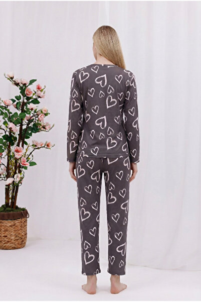 Arvin Pijama Women's Gray Heart Printed Soft Textured Long Sleeve Knitted Pajamas Set