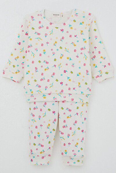 Breeze Baby Girl Pajama Set with Shoulder Pads, Colorful Floral Pattern, 4 Months-1 Year, Ecru