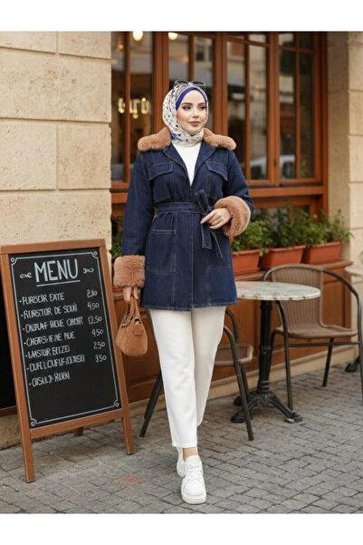 Hb Harma Time Butik Women's Fur Detailed Belted Pocketed Dark Denim Blue Jacket