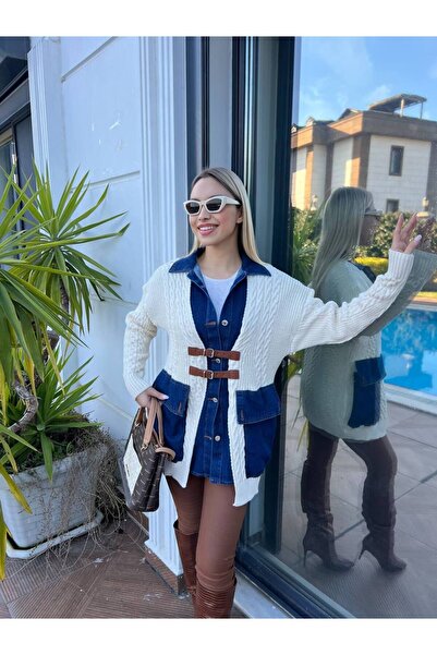 HSNGIYIM Denim Shirt with Pocket Detail Oversized Knitwear Cardigan