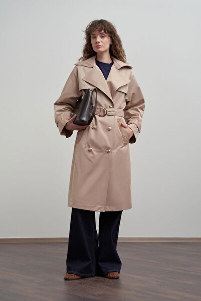 ALLDAY Μπεζ- διπλό πέτο Μακρύ παλτό με προστασία από τον αέρα